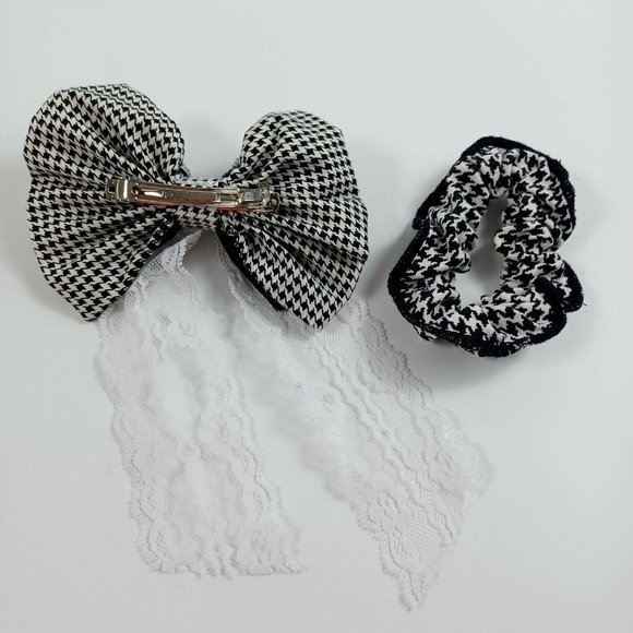 Vintage Houndtooth Hair Barette & Hair Ties -Lace Accent -2 Pc Set *MINOR WEAR - Picture 3 of 9